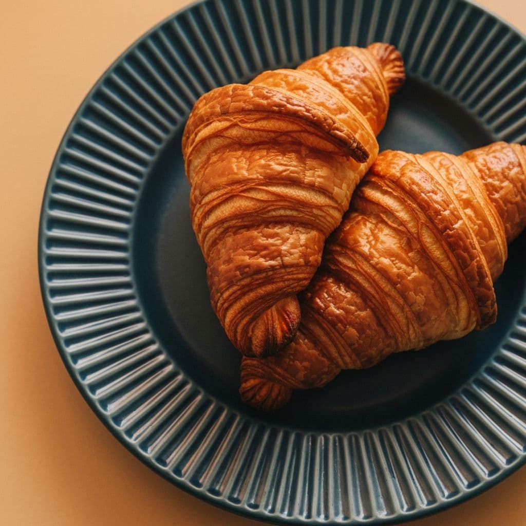 Two golden, flaky croissants on a teal-blue ribbed plate.