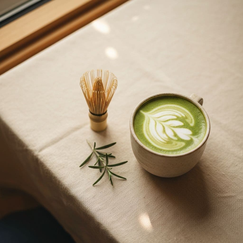 Matcha latte with whisk